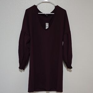 Express Red Sheath Dress with V-Neck and Bishop Sleeves